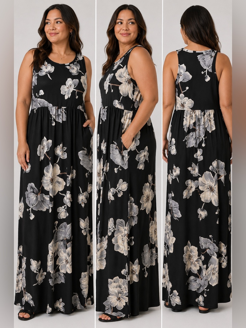 ZZER Floral Maxi Dress Women XL Black White Sleeveless Flowy Long Casual